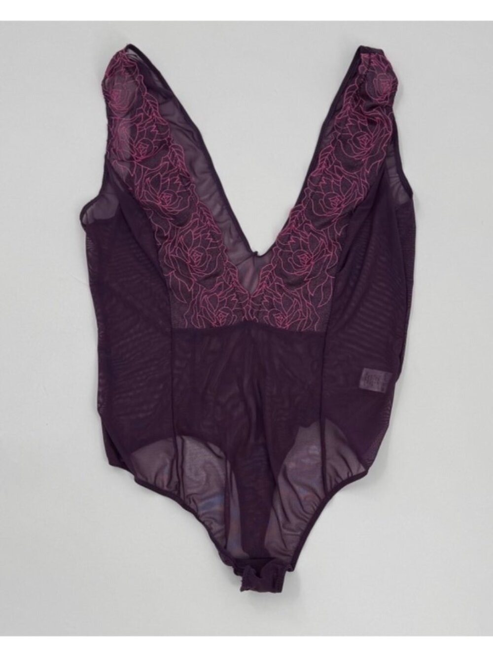 Fredericks Of Hollywood Purple Sheer Mesh Bodysuit With Pink Rose Embroidery